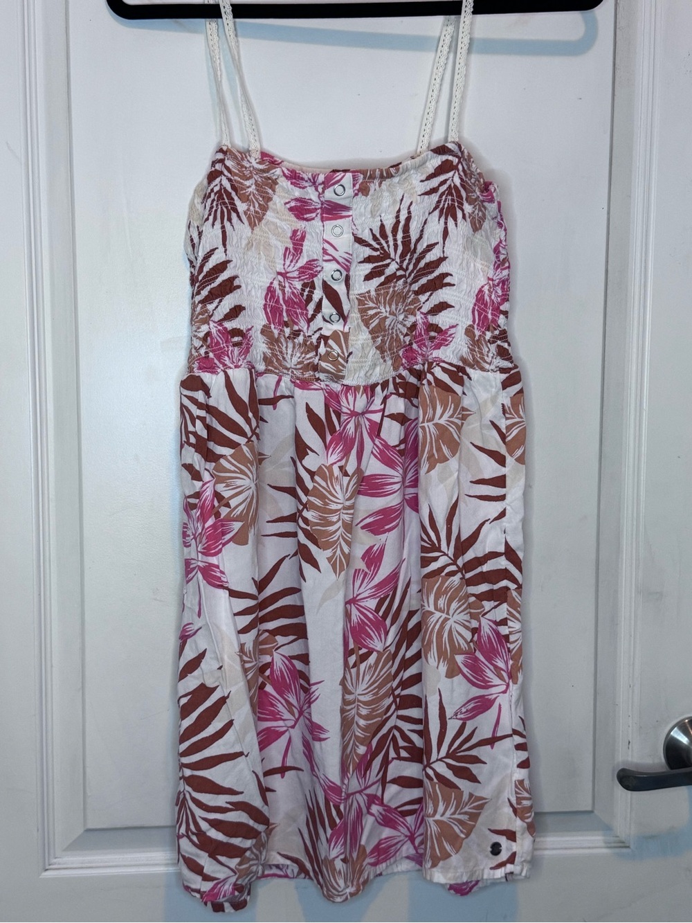 Roxy White Floral Tropical Print Sundress with Pink & Brown Leaves